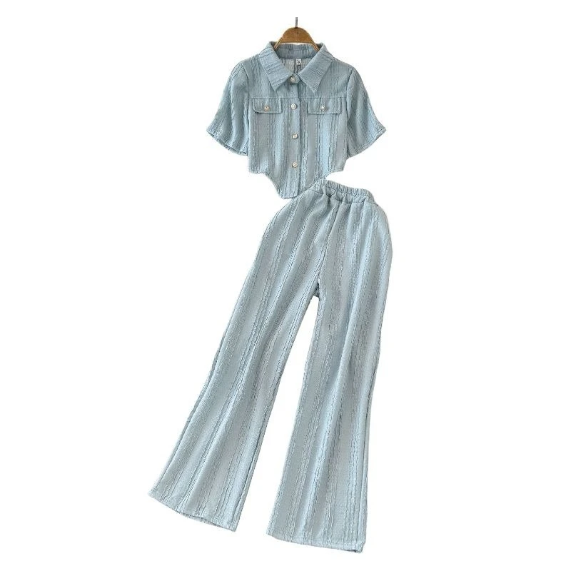 고급 여름 솔리드 컬러 투피스 세트 여성 라펠 칼라 싱글 브레스티드 슬림핏 숏 스타일 셔츠+캐주얼 와이드 레그 팬츠