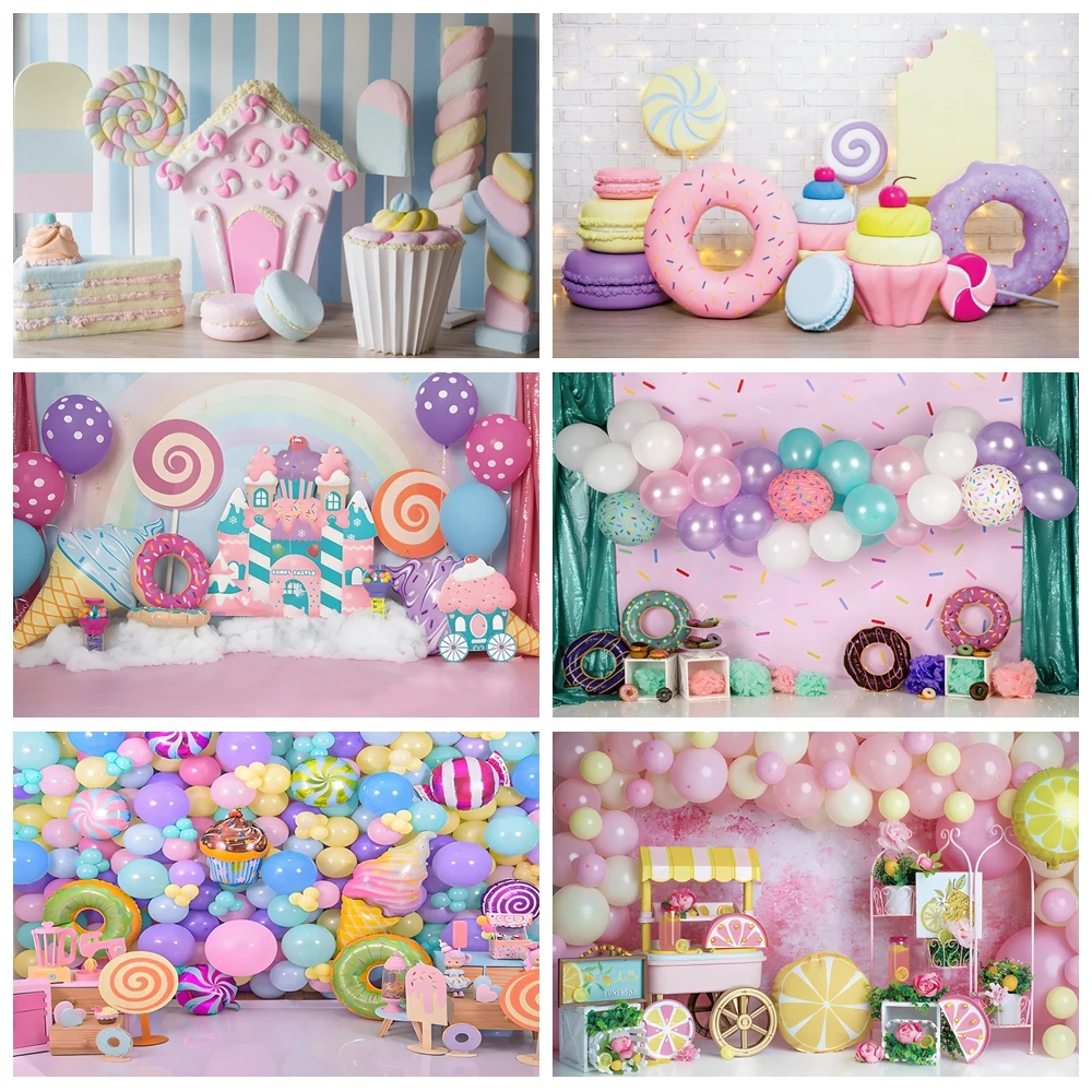 

Candy Bar Shop Backdrop for Photography Ice Cream Donuts Cupcake Lollipop Sweet Baby Birthday Party Background Kids Photo Studio