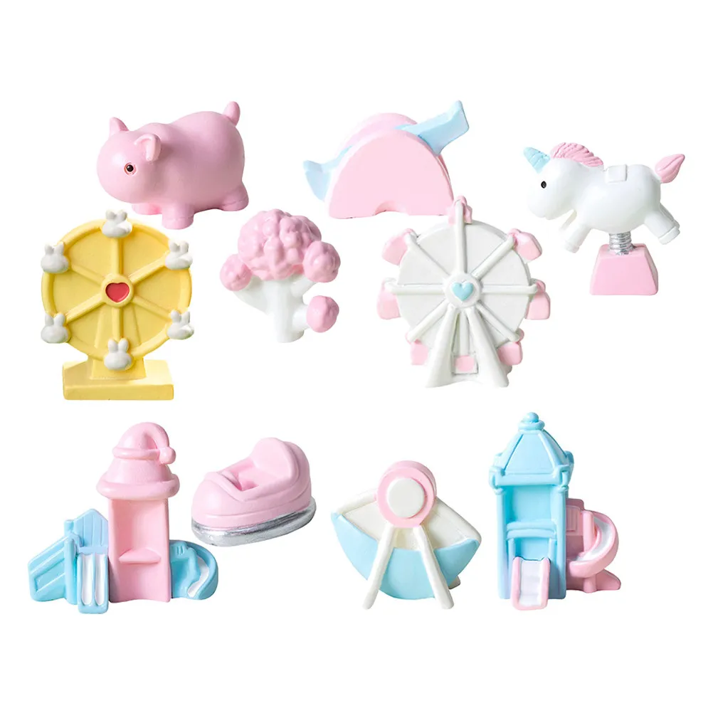 10Pcs Miniature Park Decor Set Ferris Wheel Pirate Ship Bumper Car Slide Resin Micro Landscape Ornaments DIY Craft Home Office