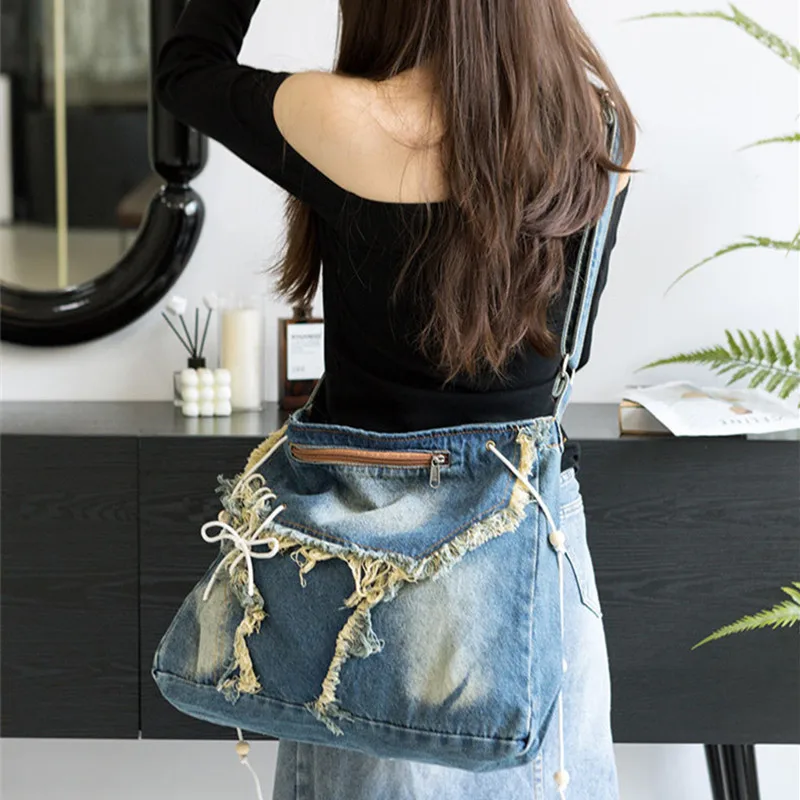

2025 Retro Irregular Denim Pleated Women's Bag European And American Fashion Large Capacity Single Shoulder Crossbody Bag Trendy