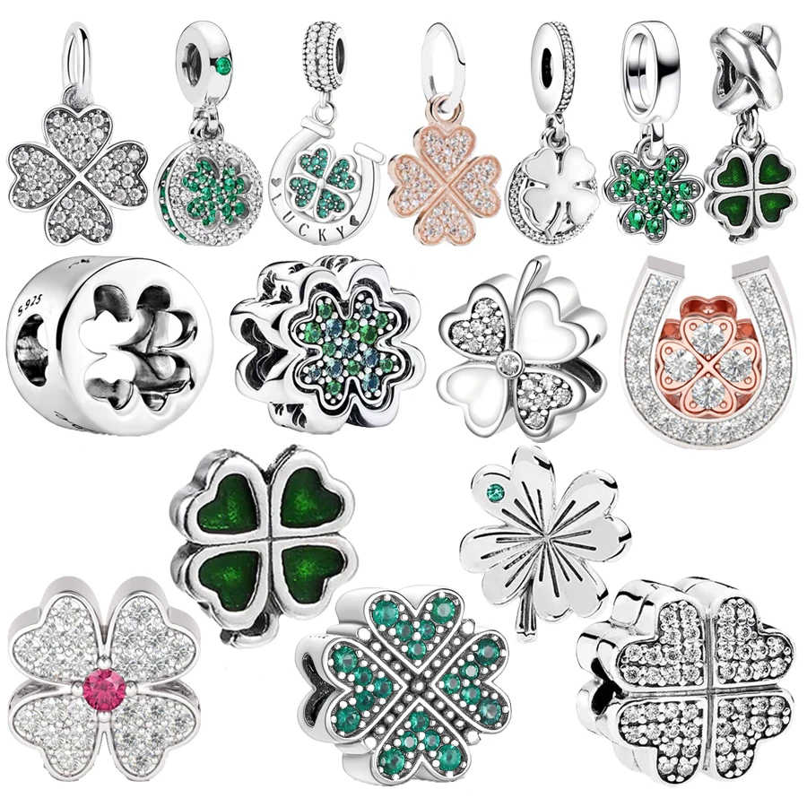 Hot Sale Four Leaf Clover Lucky Grass Dangle Charm Beads Fit Original Pandor 925 Sterling Silver Bracelet Women DIY Jewelry Gift