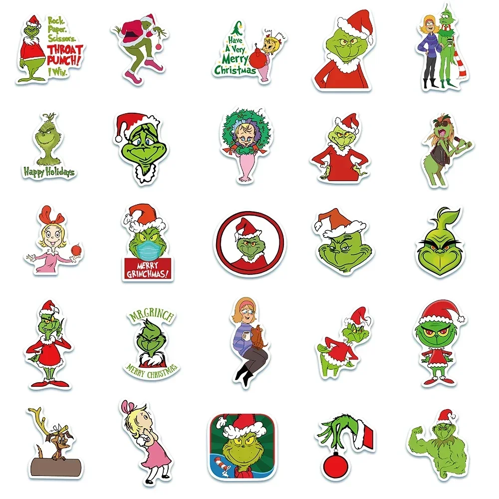 50pcs Green People Grinch Stickers Christmas Max Decal Kids Toy Scrapbook Diary Phone Laptop Guitar Graffiti Waterproof Stickers