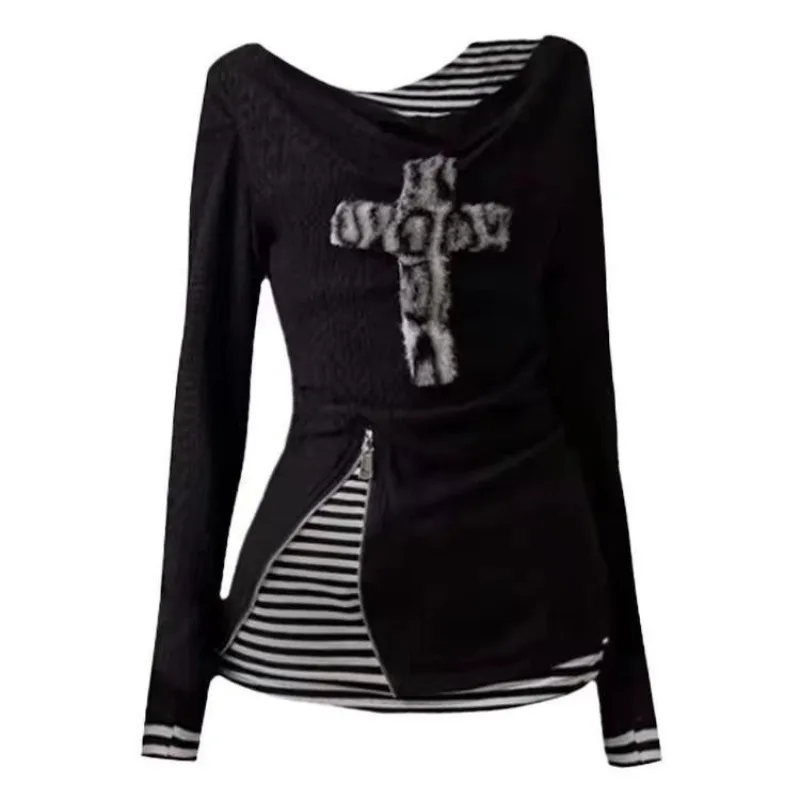 

Deeptown Gothic Y2k T-shirts Women Japanese Harajuku Striped Long Sleeve Tops Grunge Vintage Punk Streetwear Fake Two Pieces