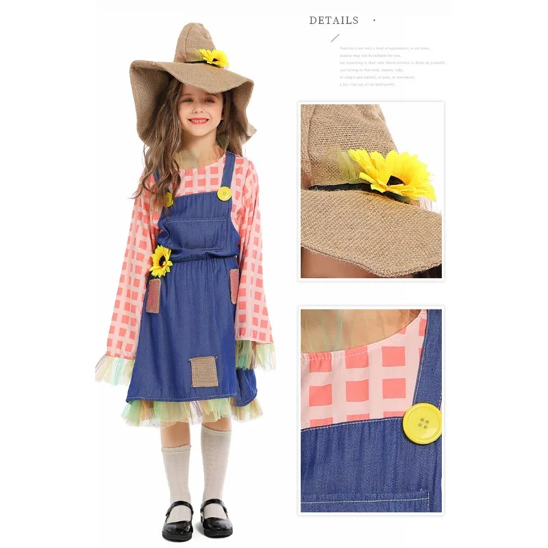 Plaid Patch Scarecrow Parent-child Dresses with Hat Halloween Kids Adult Scarecrow Cosplay Costume Festival Party Drama Dress Up