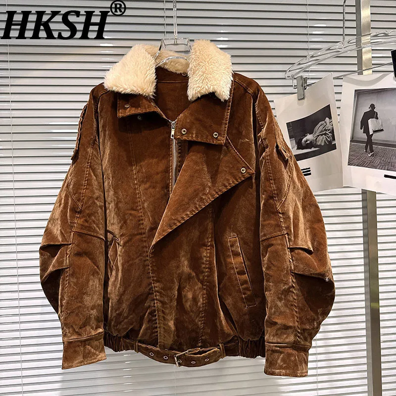 HKSH 2025 Winter New Women's Warm Jacket Fur Collar Patchwork Velvet Color Block Zipper American Retro Trend Padded Coat HK15389