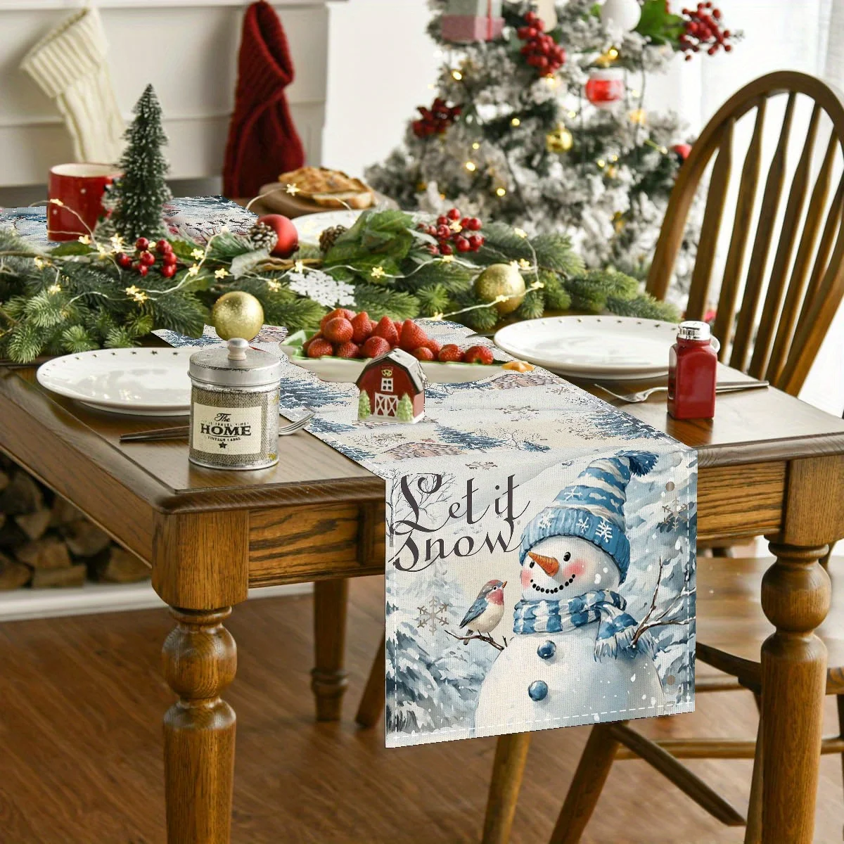 1pc Christmas Table Runner Let It Snow Snowman Design, Winter Holiday Dining Table Decor for Farmhouse Kitchen Home