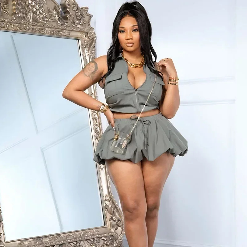 

Streetwear Puff Skirt 2 Piece Set for Woman Summer Outfit Halter Backless Zipper Pockets Crop Top and Micro Skirts Matching Sets