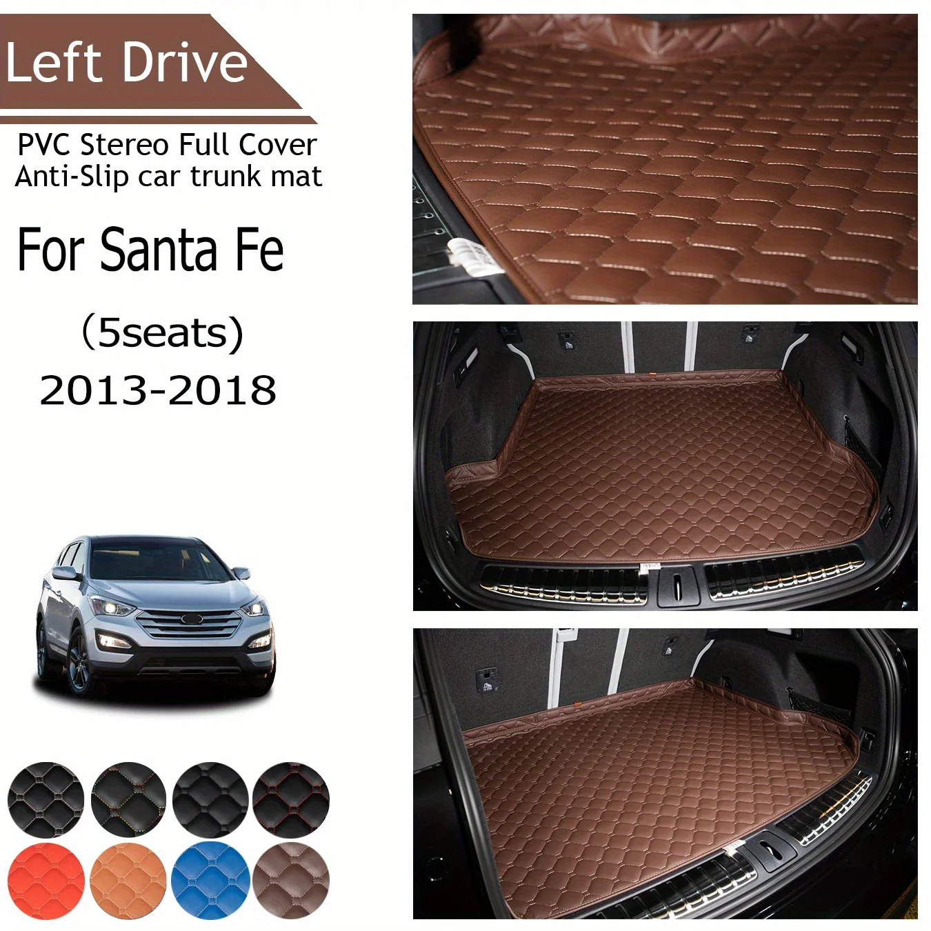 TEGART [LHD] For Santa Fe（5seats) For 2013-2018 Three Layer PVC Stereo Full Cover Anti-Slip Car Trunk Mats 