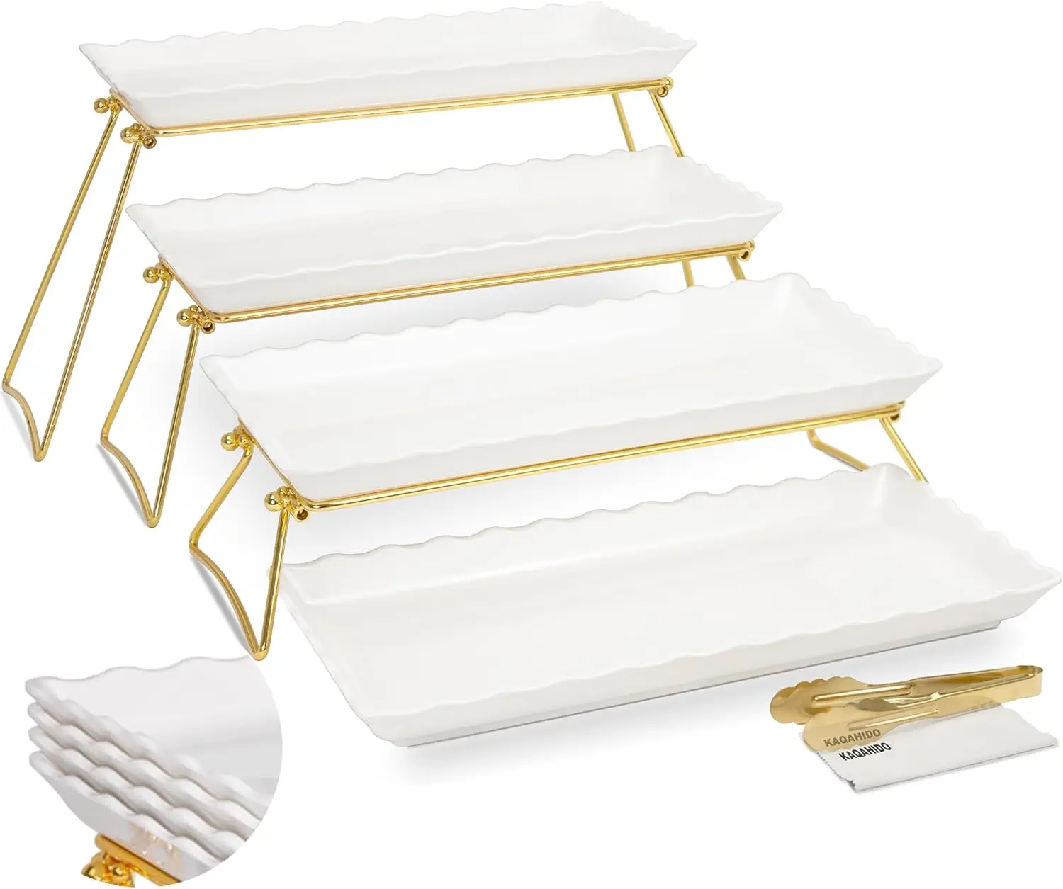 

Extra Large 4-Tier Melamine Serving Tray Set, Wave Edge Design for Party Buffet Display in Gold and White