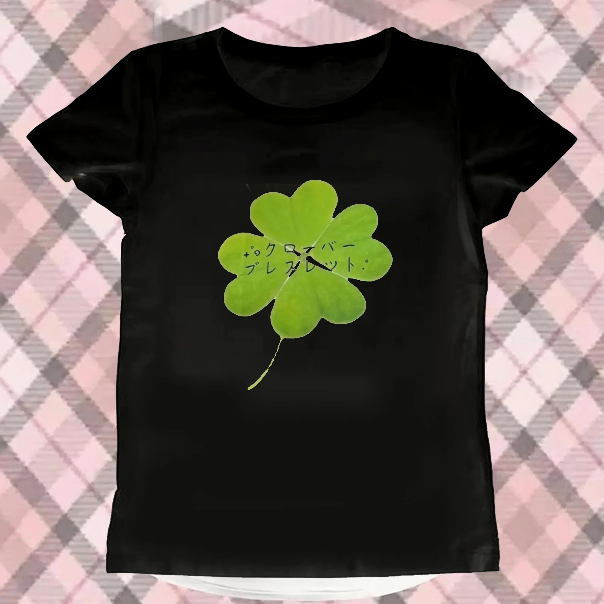 Women Japanese Four Leaf Clover Printing Graphic T-shirt 2026 Summer Harajuku Grunge Tshirts Y2k Aesthetic Vintage Promo Clothes