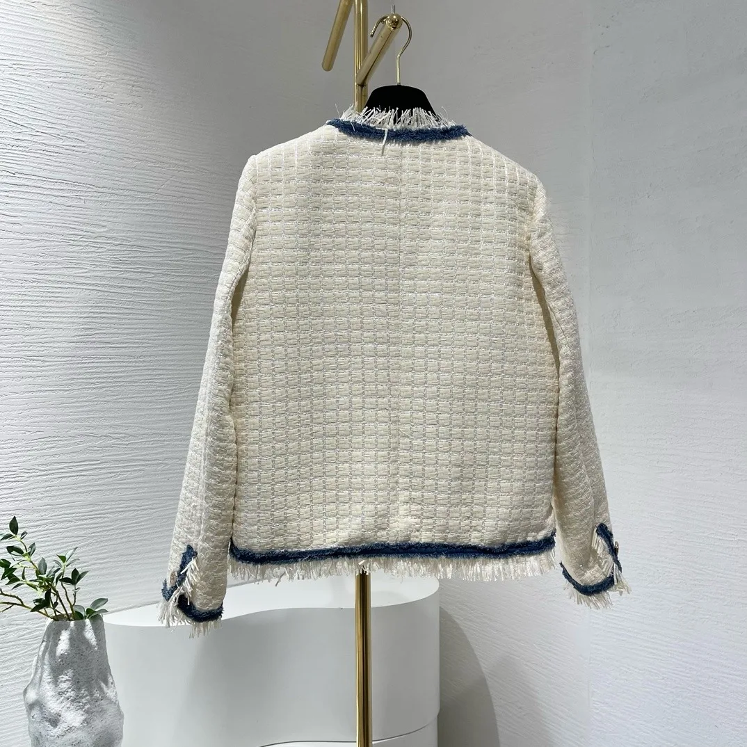 2024 Autumn Winter Navy Blue Trim Patchwork Beige Tassels Long Sleeve Tweed Down White Jacket for Women