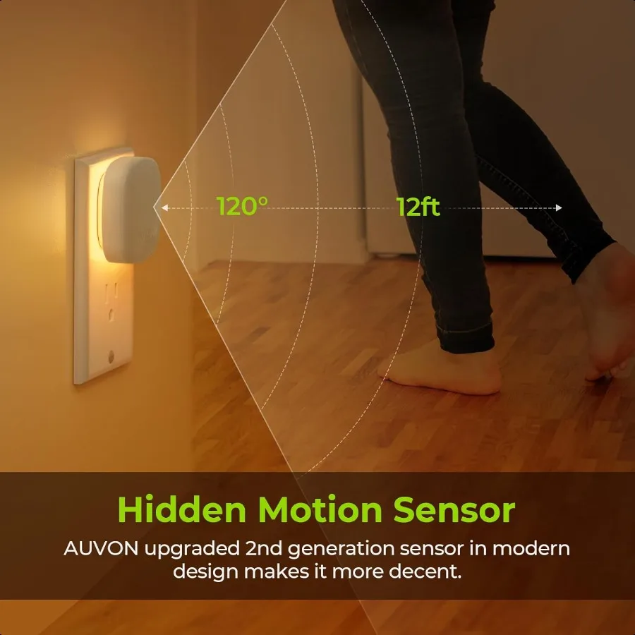 Plugin LED Backlit Night Light with Motion Sensor Dusk to Dawn Sensor Dimmable Amber Nightlight with 150 lm Adjustable Brightn