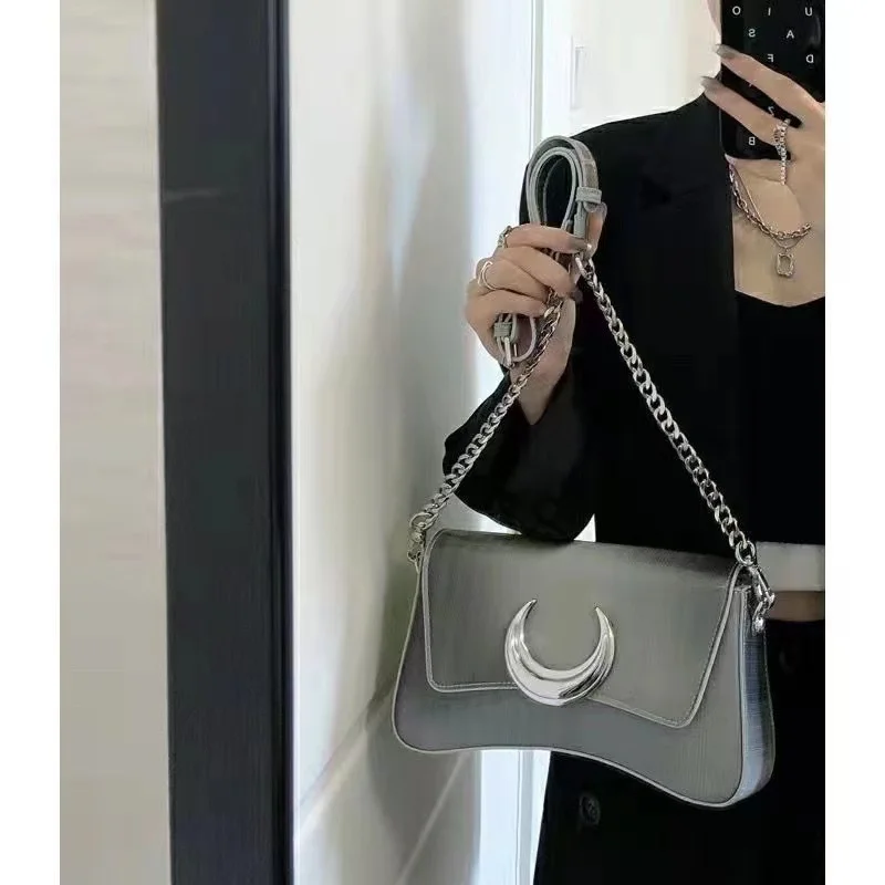 JIAERDI Y2k Silver Handbags Women 2023 High Street Chain Half Moon Shoulder Bag Female Vintage Harajuku Messenger Bags Aesthetic