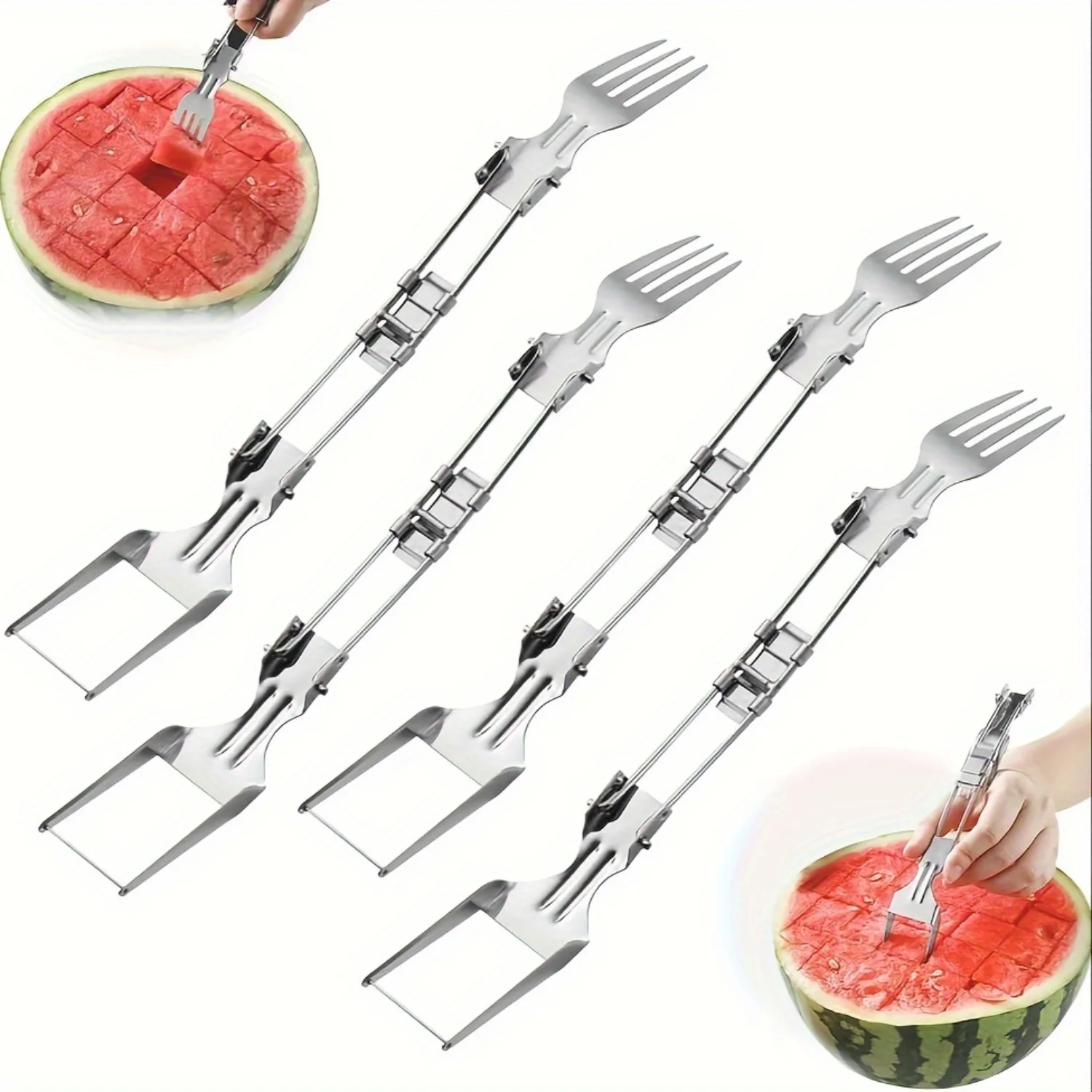 4 PCS Upgrade Foldable Watermelon Fork Slicer Cutter, Stainless Steel Fruit Cutter with Dual Head Fruit Forks, Multifunctional P