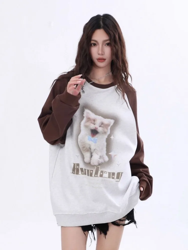 ADAgirl Kawaii Cat Print Sweatshirt Kitty Graphic Long Sleeve Tops Anime Oversized Hoodie Cutecore Autumn Winter Clothes Women