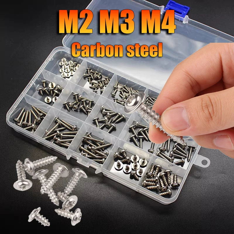 M2 M3 M4 PWA Nickel Plated Carbon Steel Cross Round Pan Head with Washer Pad Collar Self-tapping Wood Screw Set Assortment Kit