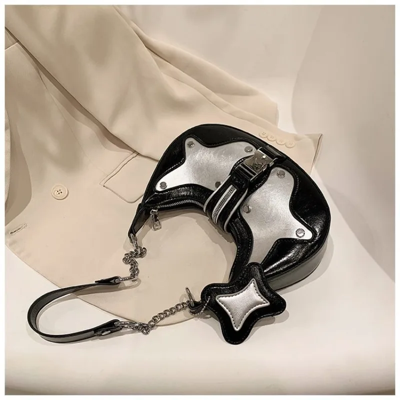 New Star Moon Locomotive Bag Contrast Color Underarm Bag Rivet Shoulder Bag Women's Handbags Temperament Commuting Individuality