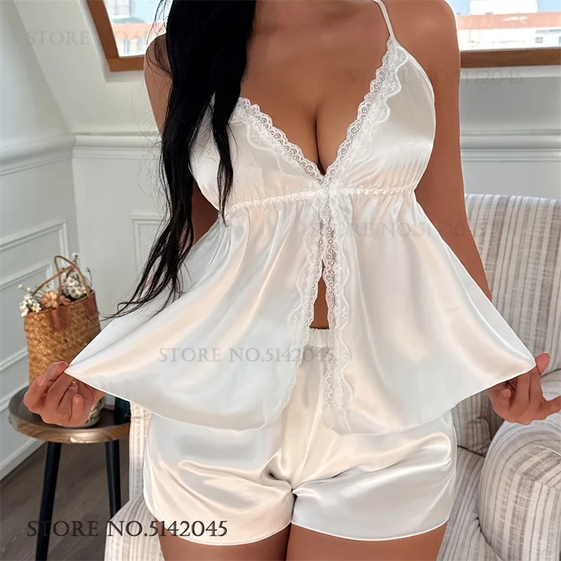 

Женский пижамный комплект, сексуальное кружевное нижнее белье, топ и шорты, пижамный костюм, шелковистая атласная одежда для сна, домашняя одежда, новая летняя домашняя одежда, пижама