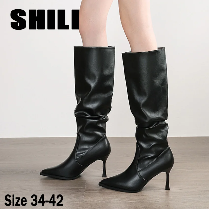 сапоги женские botas feminina Women High Boots Pointed Toe Stiletto Heel Long Boots Ladies Knee High Boots Shoes Botas De Mujer
