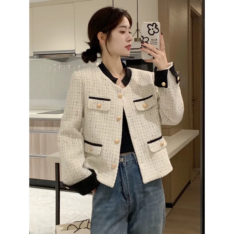 

Autumn and Winter Coat for Women New French Long Sleeve Cardigans for Woman Fashion Solid White O-neck Splice Women's Coat