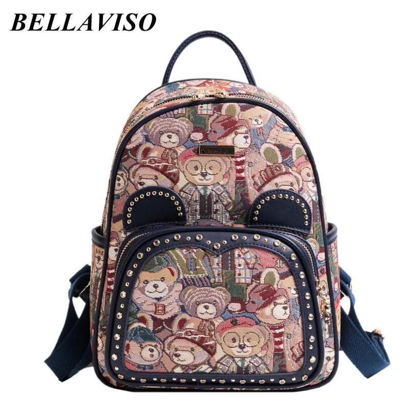 BellaViso Lovely Spring Women's Backpacks Fashion Canvas Printed Cute Cartoon Small Bear Travel Outdoor Students' Bags BLBP-65