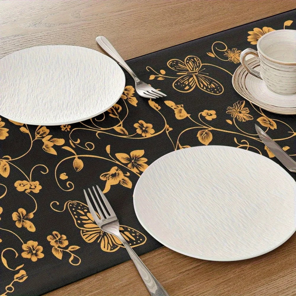 1pc Black Golden Floral Butterfly Table Runner - Elegant Home Decor with Intricate Golden Pattern on Dark Background, Versatile