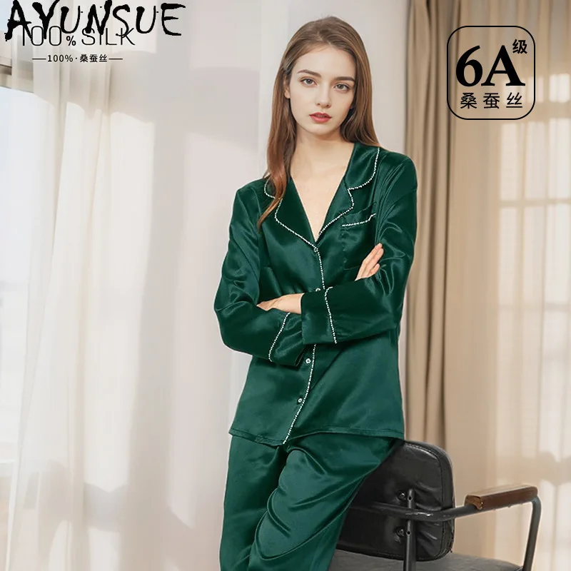 

AYUNSUE 22 мм, тяжелые шелковые пижамы для женщин, роскошные комплекты пижам с длинными рукавами, высококачественные женские комплекты, весенние пижамы