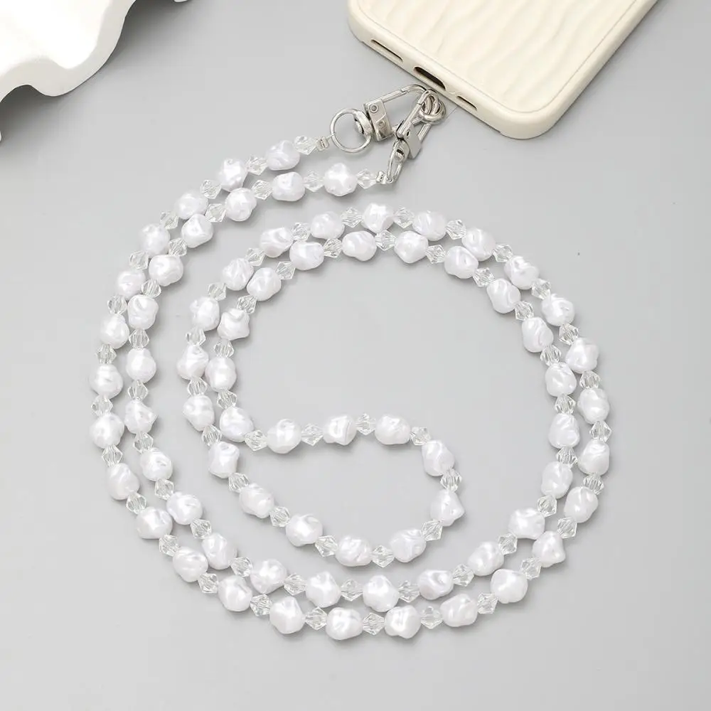 Sweet Acrylic Pearl Round Beads Mobile Phone Chain Long Crossbody Phone Bag Chain For Handmade Women Cellphone Lanyard Jewelry