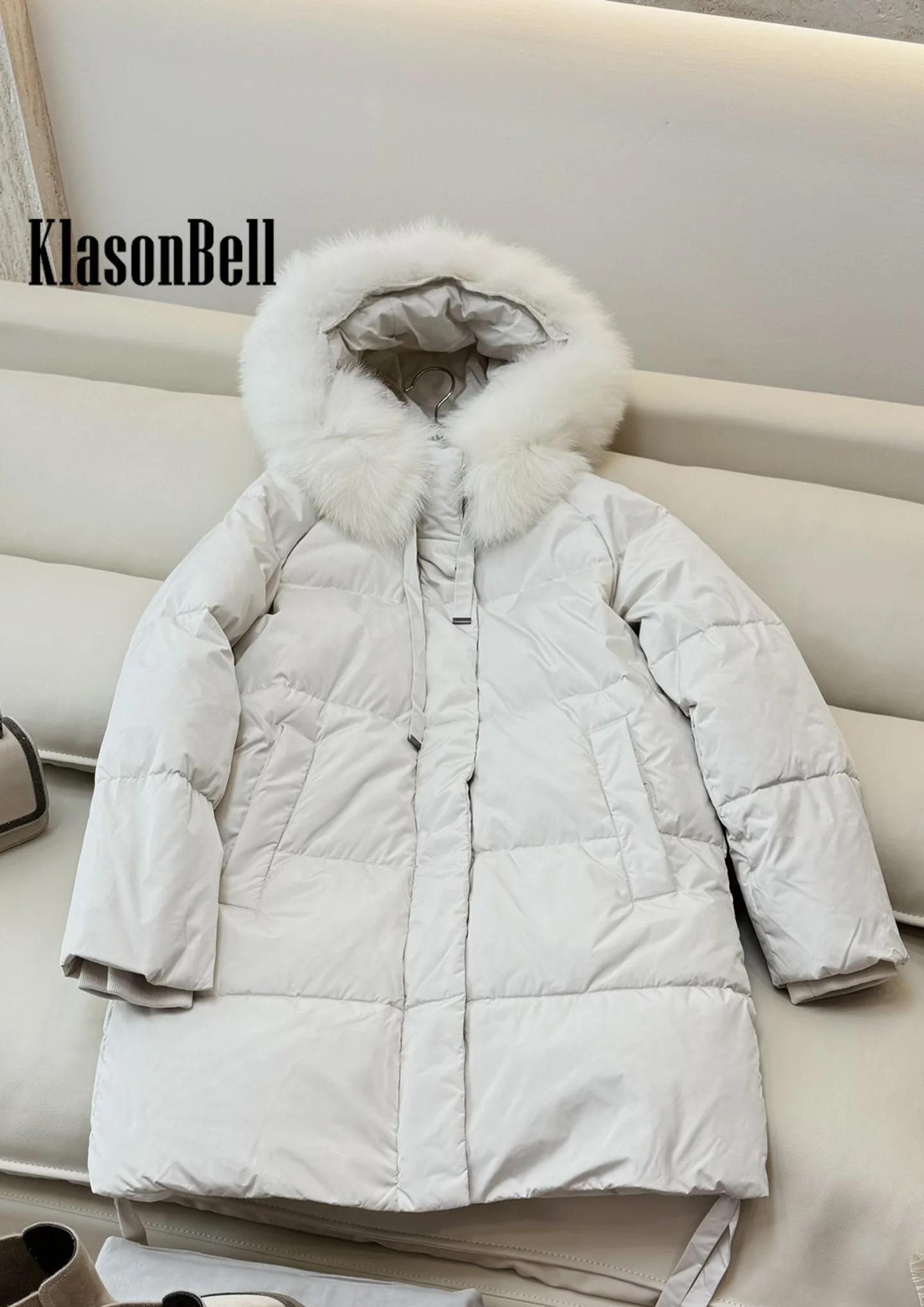 8.31 KlasonBell Women Luxury Fox Fur Hooded Collar Keep Warm Goose Down Outerwear Lace-up Decoration Long Sleeve Zipper Coat