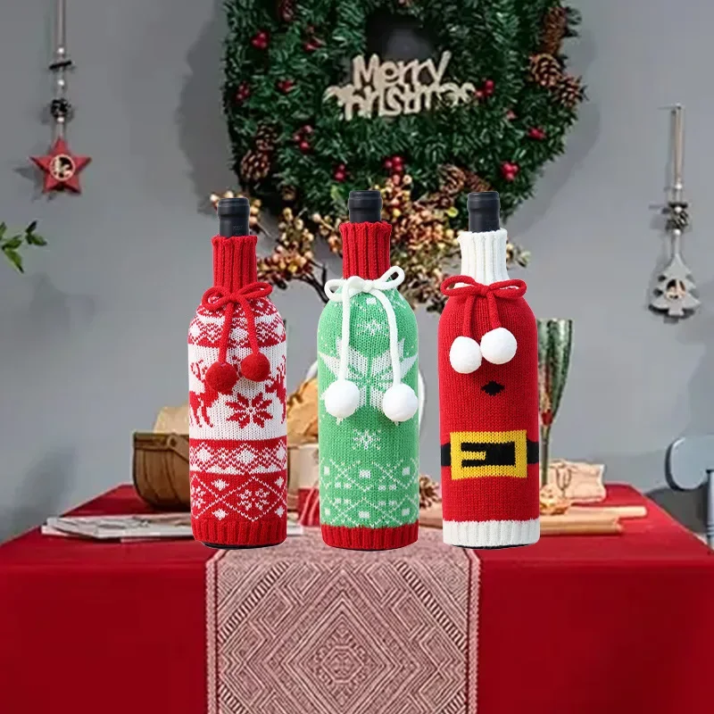 

Горячие рождественские вязаные чехлы для бутылок вина, уютный держатель для бутылок шампанского Санта-Клауса, праздничные праздничные украшения для настольного камина