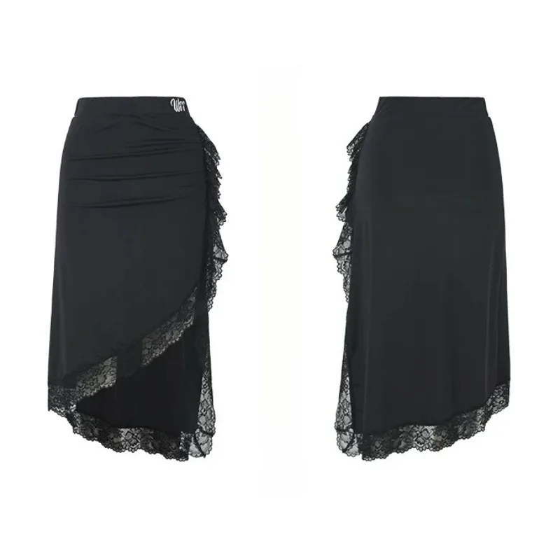customized WJJdance Latin Dancewear Half length Skirt for Women Drawn Fold Split Lace Irregular National Standard Short Skirt
