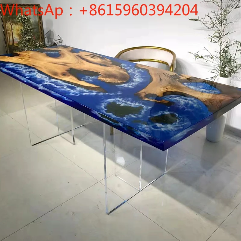 Nordic art epoxy resin river table Walnut log solid wood large board Poplar tea table Simple office