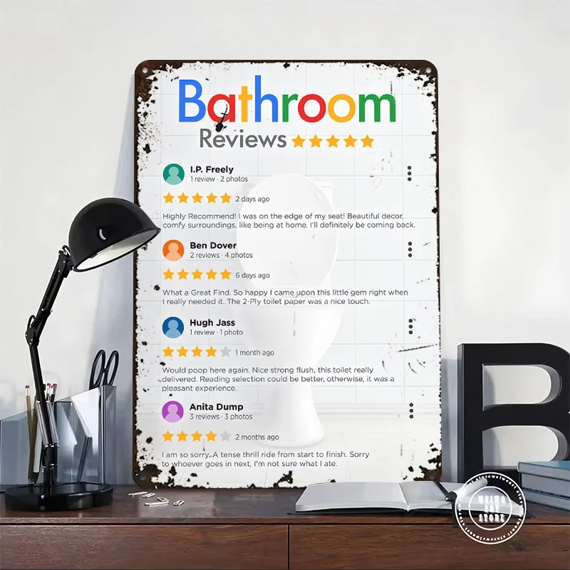 Funny Bathroom Reviews Tinplate Poster Custom Wall Art Vintage Metal Signs Retro Tin Plaque for Room Decoration Gaming Wand Deko