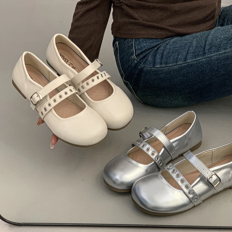 Women Round Toe Double Strap Stylish Eyelet Buckle Mary Jane Low Block Heels Pumps Non Slip Comfortable Casual Shoes for Ladies