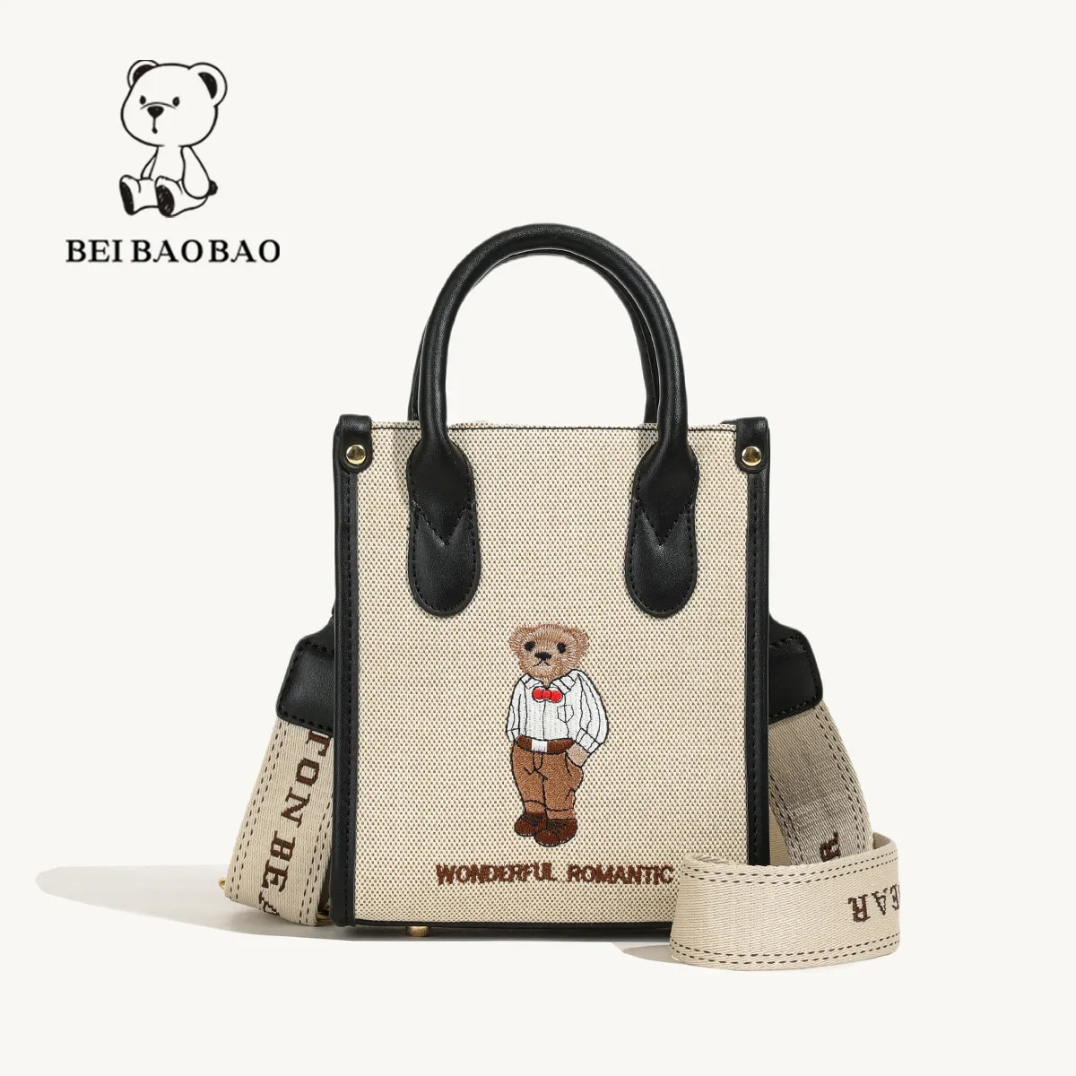 Beige 2024 Single Shoulder Crossbody Bags Universal Urban Embroidered Canvas Bear Pattern Classic For Women Bag Handbag Phone