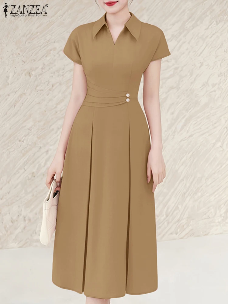 فساتين نسائية للمكتب 2025 من ZANZEA فستان صيفي متين بطيات OL للعمل فستان صيفي ميدي فيستدوس أنيق برقبة على شكل طية صدر وأكمام قصيرة للحفلات