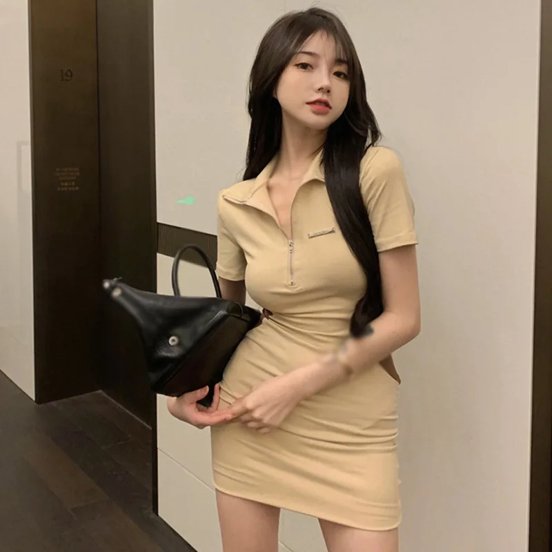 Women Brown Summer Mini Dress Slim Sexy Short Sleeves Color Matching Contrast Color Tight Skinny Thin Zipper Hip Dress Vestido