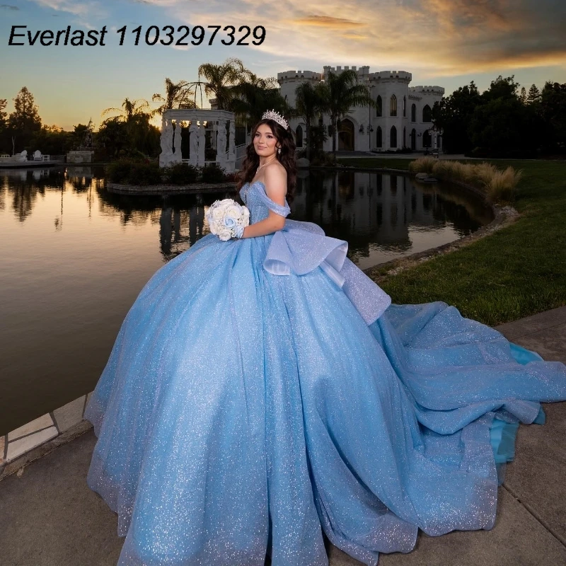 EVLAST индивидуальное небесно-голубое платье Quinceanera, бальное платье с блестящей аппликацией и бантом из бисера, корсет Sweet 16, Vestidos De 15 Años TQD857