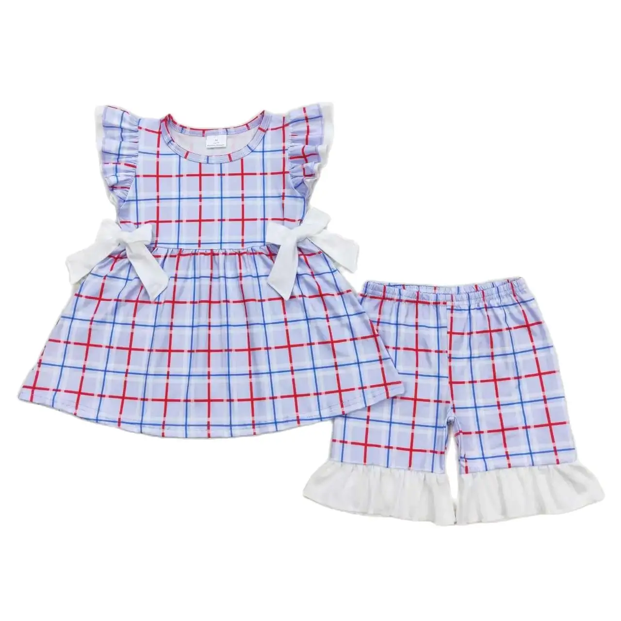 

Wholesale Toddler Short Sleeves Plaid Purple Tunic Kids Ruffle Shorts Baby Girls Set Children Summer Infant Outfit