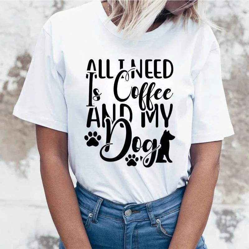 

All I Need Is Coffee And My Dog Letter Print Short Sleeve T Shirts Women'S Crew Neck T-Shirts Summer Comfy Soft Tees Tops Size