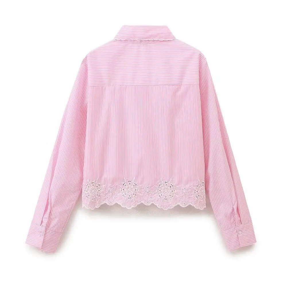 2024 Autumn New Women Clothes European And American Style Hollow Embroidered Striped Shirt Pink Street Style Fashion Top