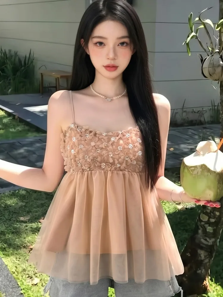 

Sweet Gentle 3D Flower Mesh Strap Vest Women Summer New Loose Slimming Lace Trim Temperament Top City Walk Casual Inner Wear