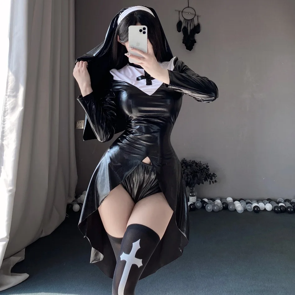 

Halloween Costume Sexy Nun Cosplay Tights Vampire Cross Dark Gothic Dress Pu Faux Leather Hollow Out Costume Black White Nun