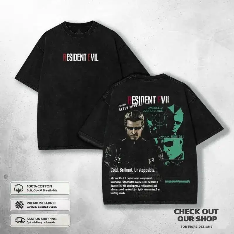 Albert Wesker Resident Evil Graphic T Shirt Men Short Sleeve Cotton Tshirts Vintage Washed Tee Harajuku Male Oversized T-shirt