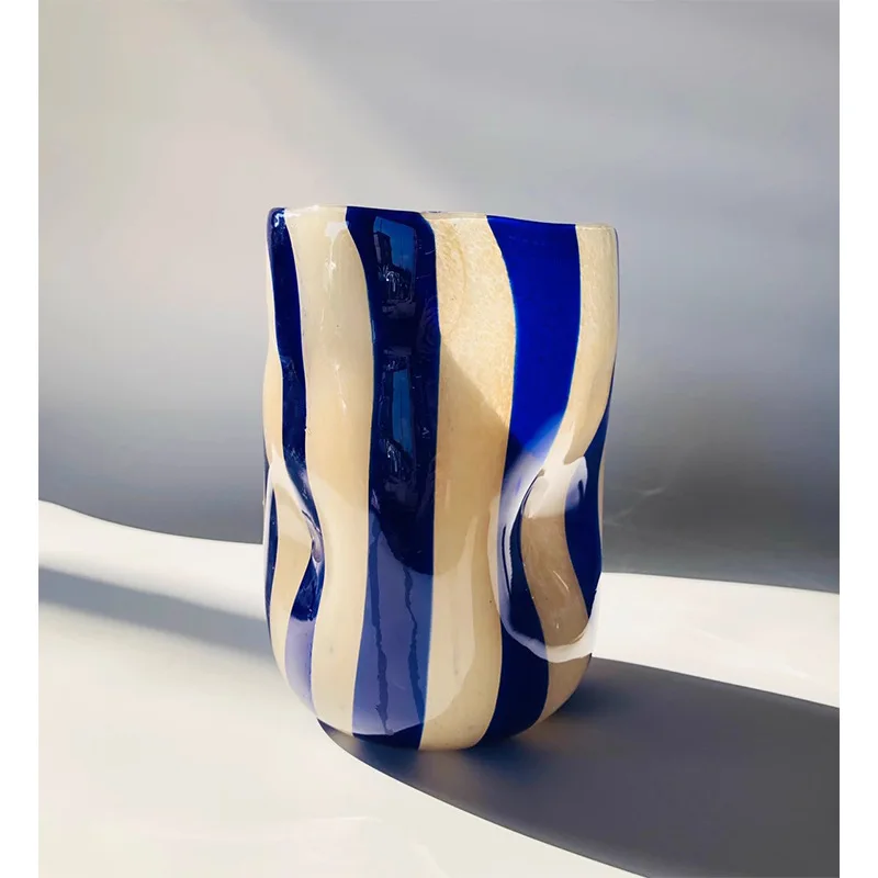 Vase in Ancient Style Light Luxury Senior Sense Striped Glass Vase Living Room Flower Arrangement Decoration Ornaments