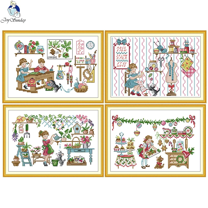 

Joy Sunday DIY Embroidery Set Display Cabinet For Beginner Needlework Kits Prints Cross Stitch Series Needle Arts Crafts Sewing