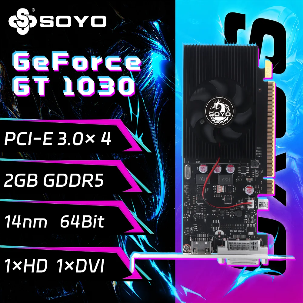 SOYO Graphics Cards NVIDIA GeForce GT1030 2G GDDR5 64bit HDMI*1 DVI*1 Video Card For Desktop Gaming Computer GPU GT1030