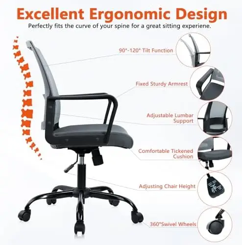 Ergonomic Mesh Office Chair with Adjustable Lumbar Support, 4 Pack - Gray