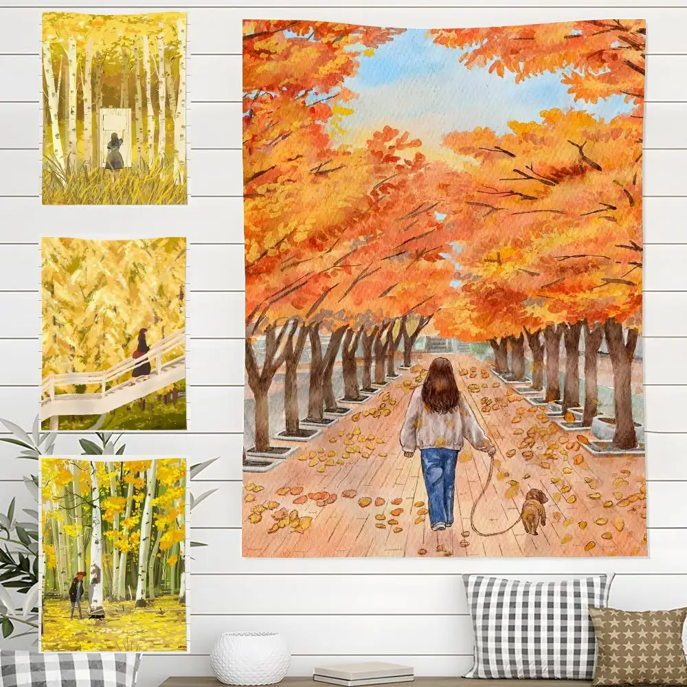

INS Autumn Deciduous Forest Tapestry Custom Living Bedroom Party Dormitory Interior Wall Bohemian Decoration Attached Clip