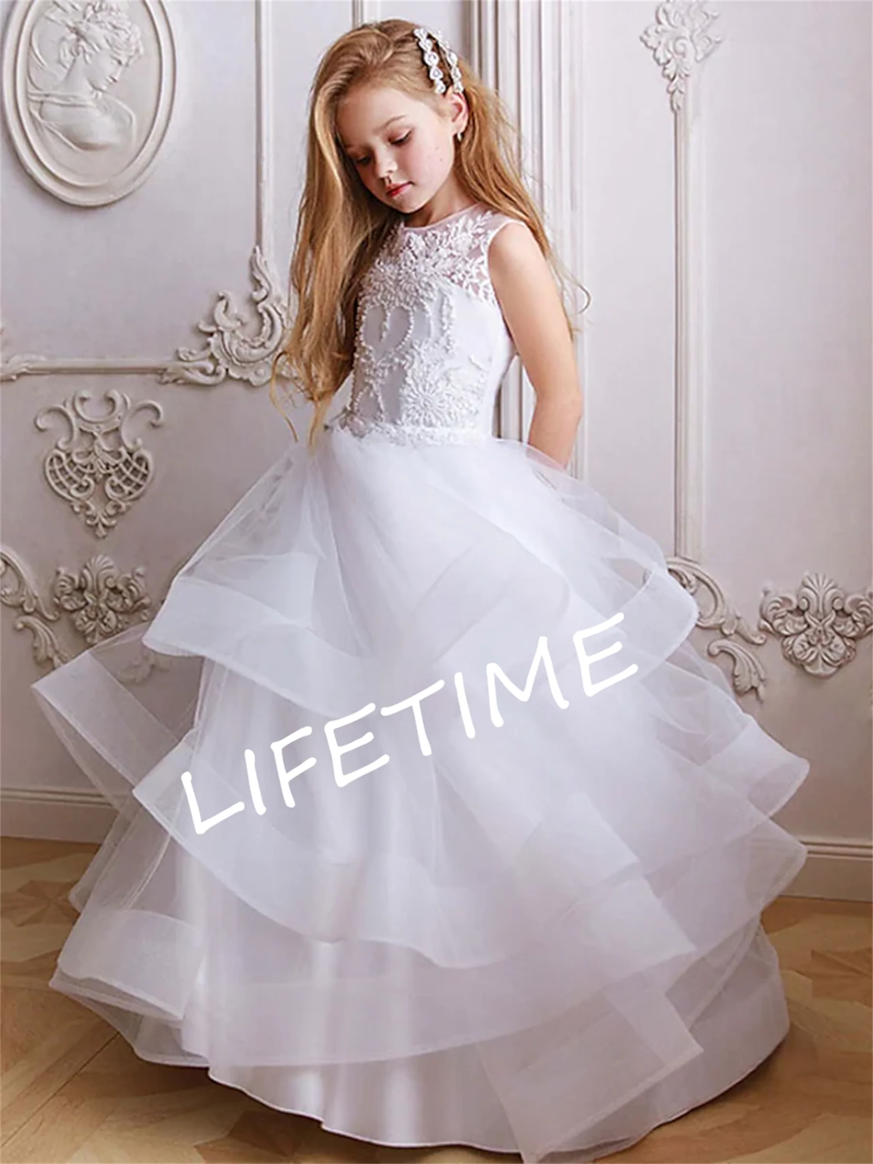 

White Sleeveless Flower Girl Dresses For Wedding Elegant Tulle Beading Appliques Party Dress First Communion Ball Gown